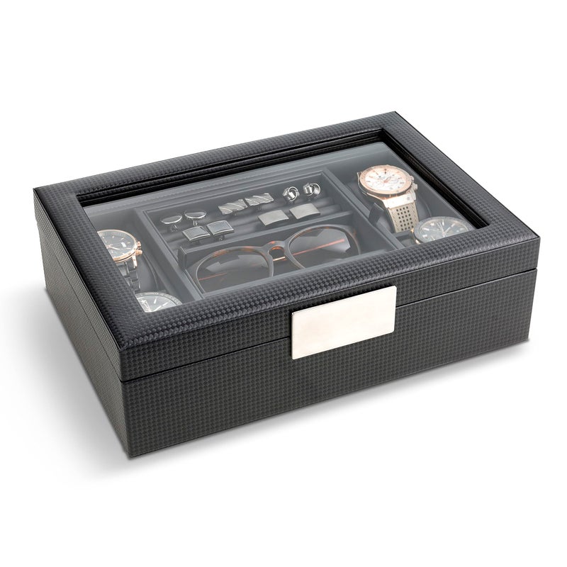 Glenor Co Valet Jewelry Box for Men - Holds 6 Watches, 12 cufflinks, 2 Sunglasses & Tray Storage - Mens Watch Case - CarbonFiber Organizer w Metal Accents, PU Leather & Large Glass Lid - Black - Image 3